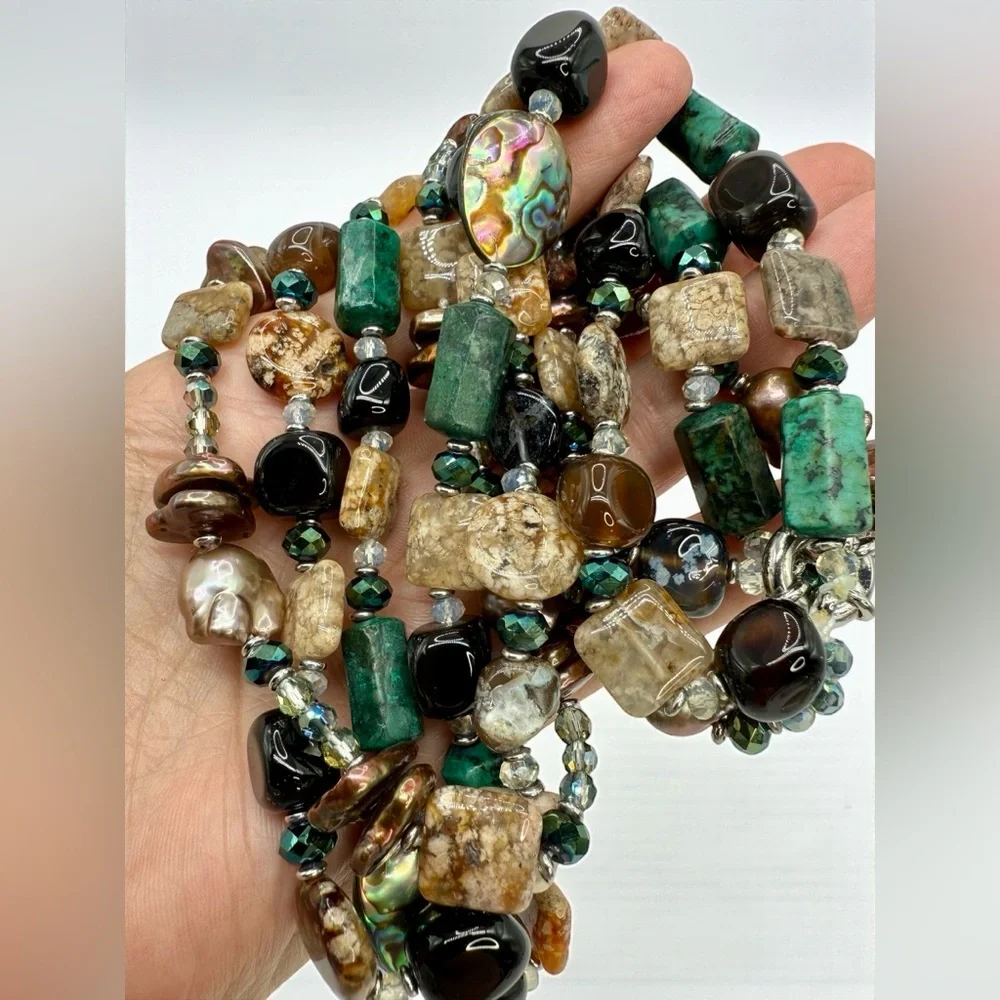 Three-Strand Multi-Gemstone Flameball Pearl Shell & Crystal Necklace 18” 20” 22” - Picture 10 of 17